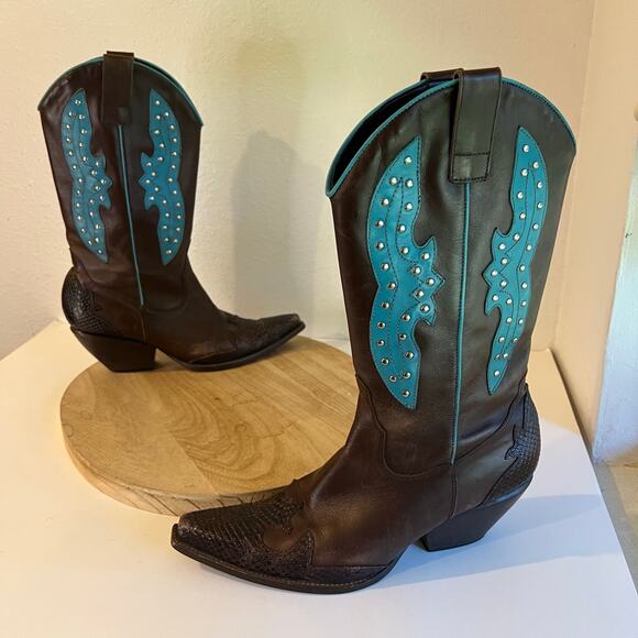 BCBG Y2K Brown Genuine Leather Studded Western Turquoise Boots Size 8.5 - Picture 14 of 16